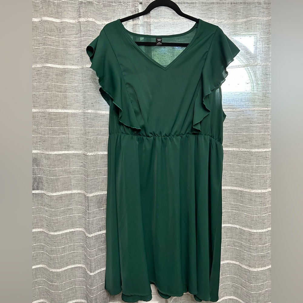 SHEIN Forest Green Midi Dress with Ruffle Sleeves